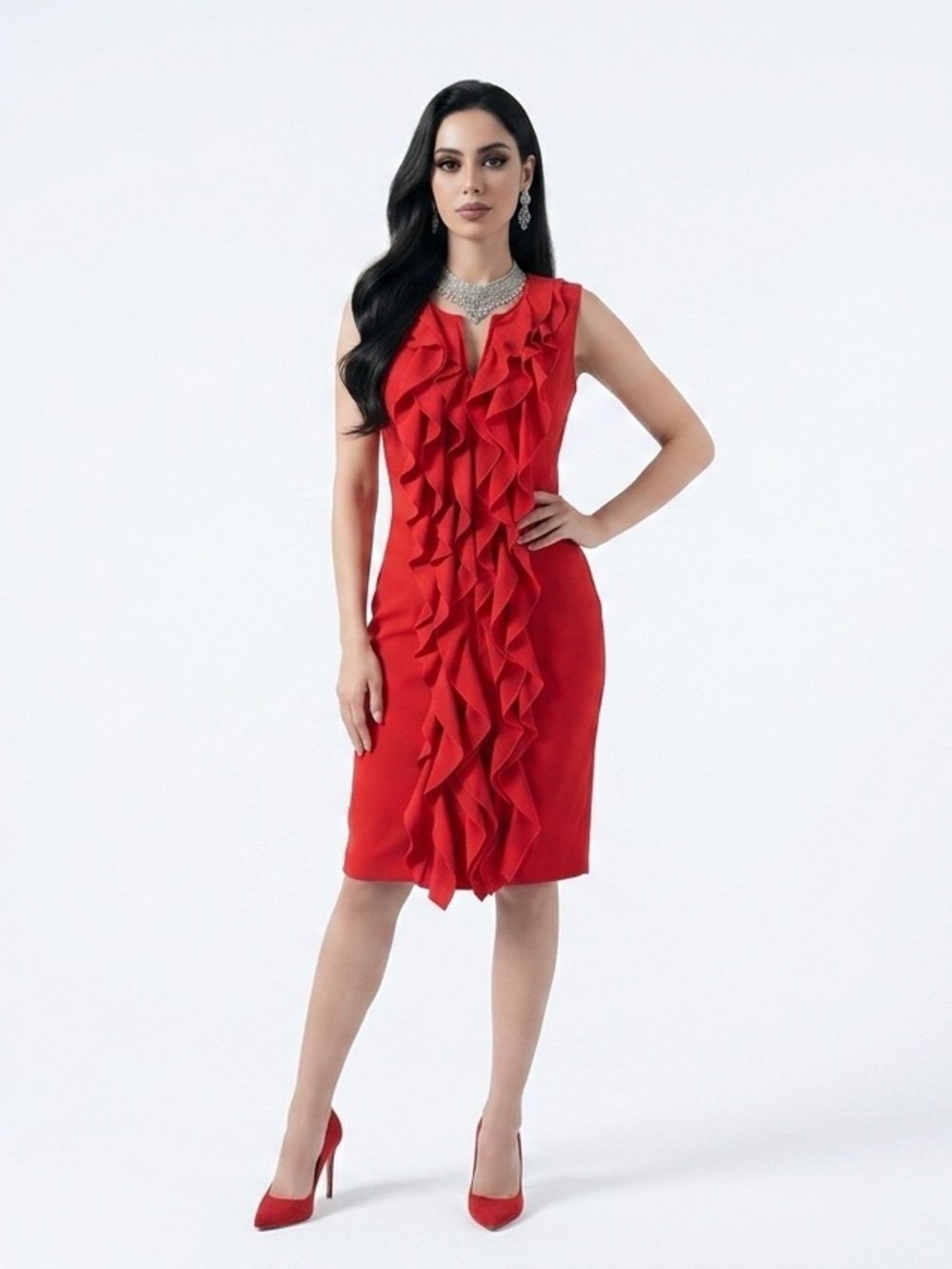 Calvin Klein Red Ruffle-Front Sleeveless Midi Dress